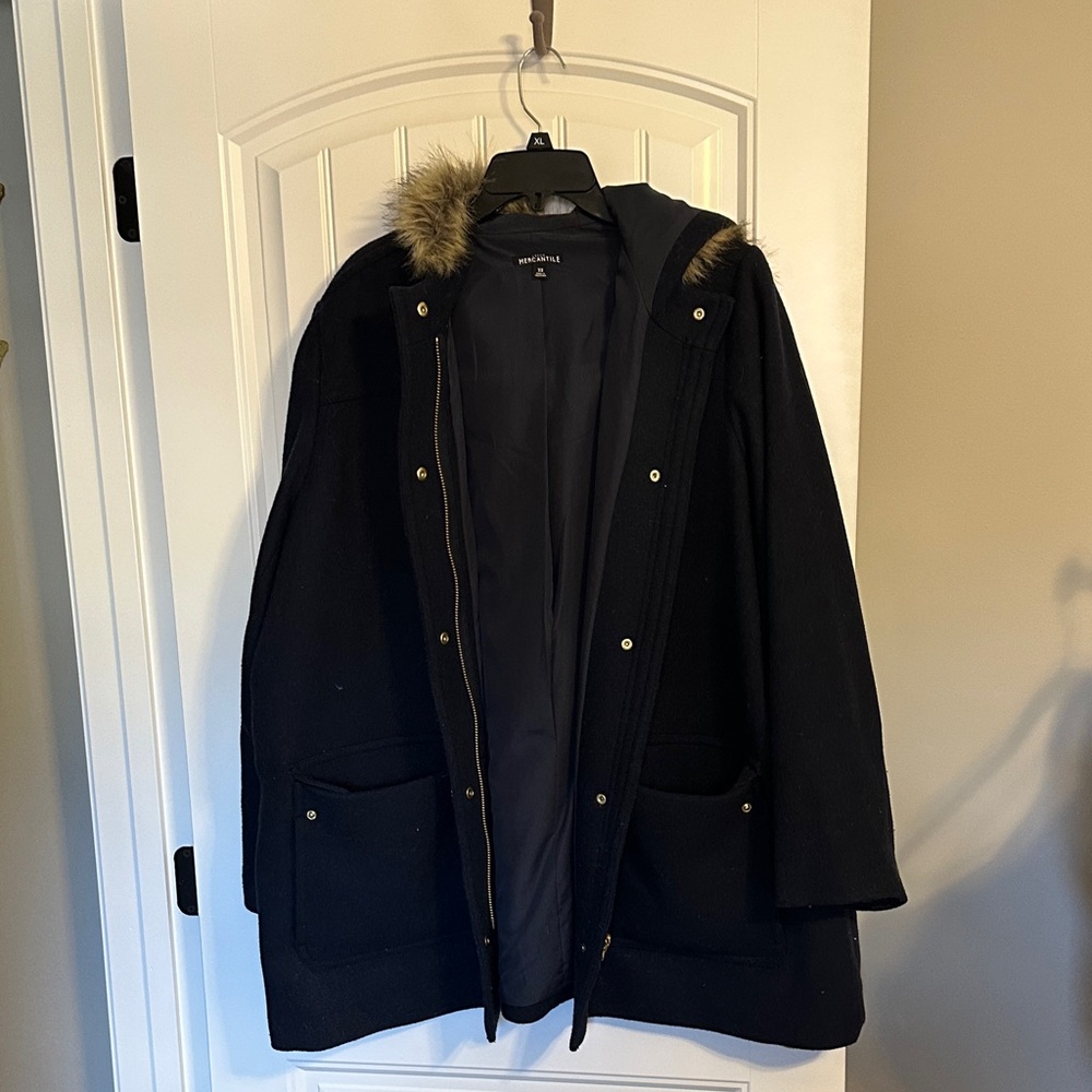 J. Crew Women's Navy Pea Coat with Fur Trim
